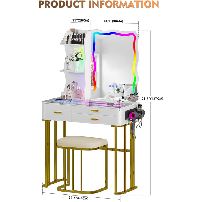 Туалетний столик Lvifur з дзеркалом, освітленням, табуреткою, скляною стільницею, 3 ящиками, підставкою для губної помади та фена