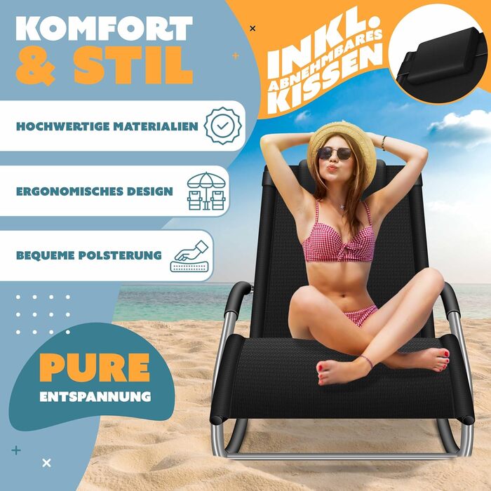 Крісло-шезлонг KESSER® для відпочинку на вулиці | Садове крісло-шезлонг | Крісло-гойдалка | Зручне крісло з підголовником | Чорний | Макс. 150 кг