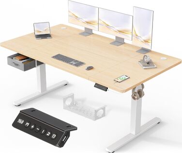 Регульований стіл Devoko 160x80 см з висувними ящиками, USB-порт, органайзер для кабелів, стіл для комп'ютера з 3-ма пам'ятними функціями, білий