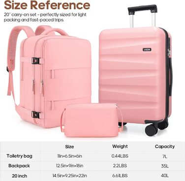 Набір валіз з рюкзаком UKEIN: рожевий, 3 шт. (20 дюймів), з полікарбонату, з TSA-замком, з обертовими колесами, сумісний з авіакомпаніями