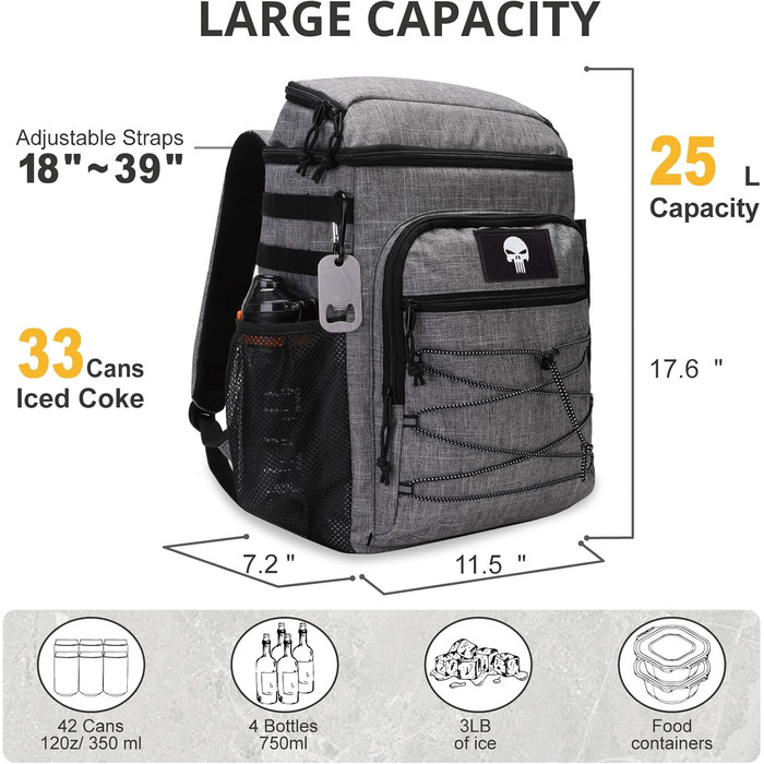 Тактичний рюкзак-холодильник 25L, вологостійкий та міцний, великий ланч-рюкзак, водонепроникний, для чоловіків, жінок, роботи, подорожей, кемпінгу, пляжу та походів (сірий)