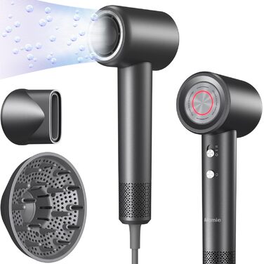 Професійний фен для волосся 1600W з безщітковим двигуном 110,000 об/хв, 200 млн іонів та дифузором, компактний дорожній фен, сірий