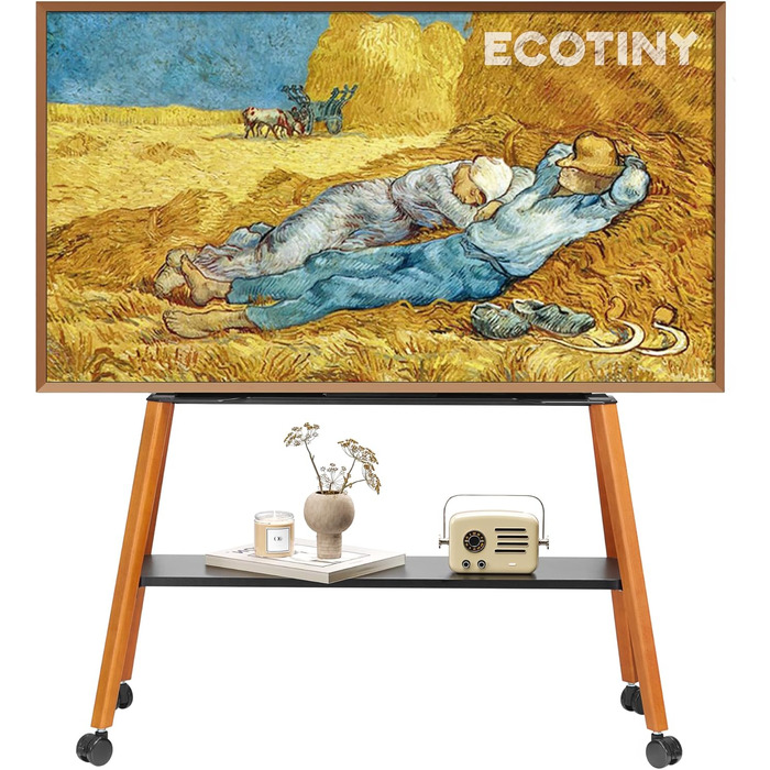 Підставка для телевізора ECOTINY на колесах для 49-75 дюймів, до 40 кг, Easel Design, металева конструкція з дерев'яною полицею, білий (чорний)