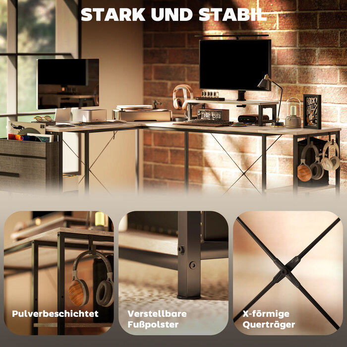 Кутовий письмовий стіл, багатофункціональний офісний стіл з регульованими полицями, кишенею для зберігання та підставкою для монітора, натуральне дерево