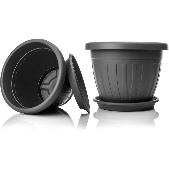 Плантатор BigDean 3X з підставкою, ø50xH38 см, антрацит - вологостійкий горщик для квітів - з водостоком, UV-стійкий, з міцного пластику - для внутрішнього та зовнішнього використання, Made in Europe