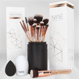 Набір пензлів для макіяжу Nir Beauty, 15 предметів відзначені нагородами професійні веганські пензлі з футляром, спонж для макіяжу Nir, засіб для чищення пензлів, посібник і подарункова коробка з рожевого золота