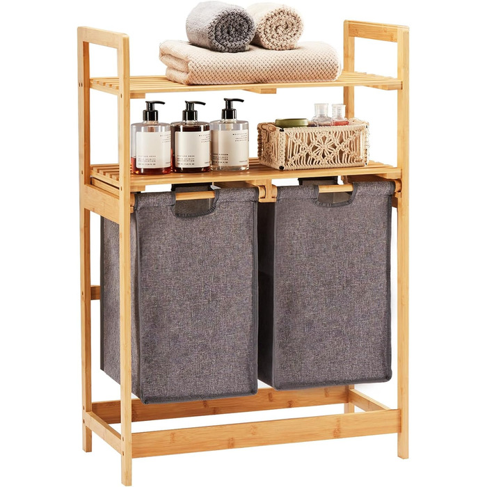 Кошик для білизни YOUDENOVA з бамбукового каркасу, 2 відсіки, 2 висувні мішки для білизни, 93x64x33 см, 70 л, сірий