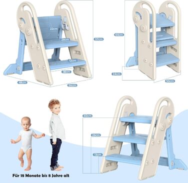 Дитячий підсвічник Onasti Tritthocker: регульована висота, 3 сходинки, з ручками, складний, антиковзний, для кухні, ванної, туалету (сірий, сіро-білий, блакитний)