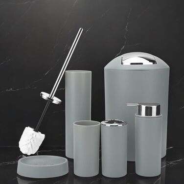 Набір аксесуарів для ванної кімнати 6tlg Badset: мильниця, стакан для зубних щіток, відро для косметики, щітка для унітазу та тримач, мильниця, сміттєвий бак, тримач для зубних щіток (Сірий, дизайн 2a)
