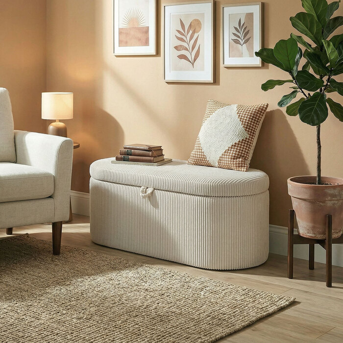 Пуф-органайзер з м'якою оббивкою та сидінням, банкетка для спальні, 105 x 51 x 49 см, Бежевий