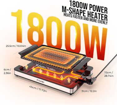 Електричний гриль FIMEI для столу 1800W з антипригарним покриттям, регулюванням температури, для балкону, дому та вулиці, з піддоном для збору жиру (можна мити в посудомийній машині)