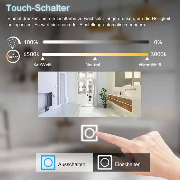 Дзеркало для ванної кімнати Badspiegel 120x70 см з підсвічуванням LED, сенсорне керування, антизапітніння, регулювання яскравості, біле світло (60x80 см)