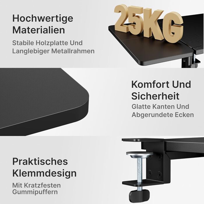 Підставка для ноутбука на стіл ергономічна, 700x300 мм, з підставкою для клавіатури та регульованою підлокітником, чорна | Розширювач столу для дому та офісу