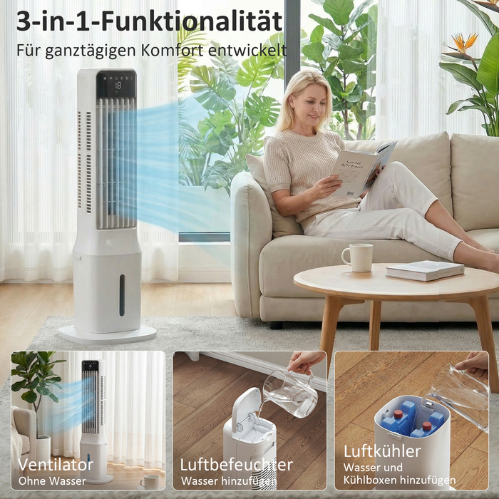 Портативний охолоджувач повітря 3-в-1 з резервуаром для води 9 літрів, кутом охоплення 48°, 3 швидкостями, 3 режимами, білий