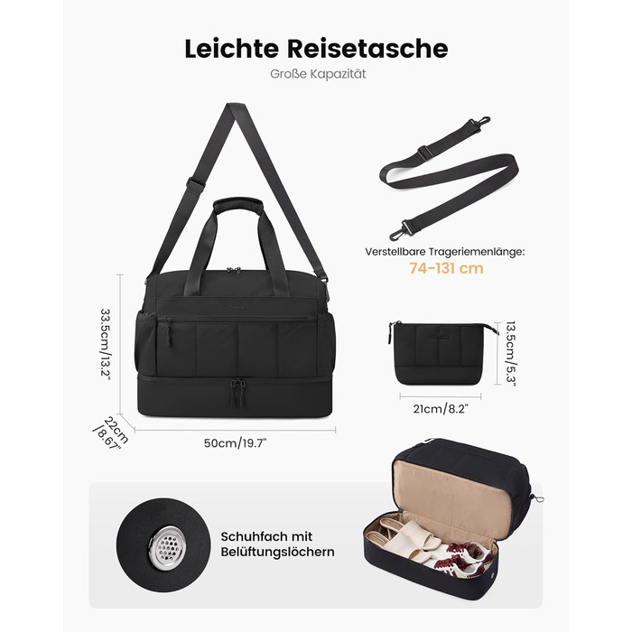 Сумка-валіза LOVEVOOK для жінок, легка, на вихідні, ручна поклажа, спортивна сумка-дуffel, водонепроникна, з відділенням для взуття (чорна, L-37л)