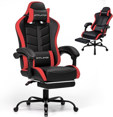 Ігровий крісло GTPLAYER з підніжкою, біло-червоний, 150 кг, ергономічний, з PU шкіри