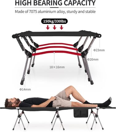 Польове ліжко Naturehike ультралегке складане, витримує до 150 кг, з регулюванням висоти, чорне — для кемпінгу, офісу та гостей