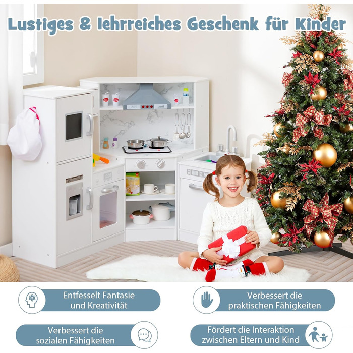 Дерев'яна дитяча кухня DREAMADE з аксесуарами, кухонний куточок з плитою, духовкою, мийкою та дошками для письма, ігровий набір з підсвіткою та звуком для дівчаток від 3 років (білий)