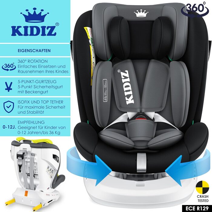 Автокрісло KIDIZ® i-Size ECE R129 для дітей 0-12 років (0-36 кг), 360° обертання, Isofix, Top Tether, 5-точкові ремені, з сонцезахистом, чорне