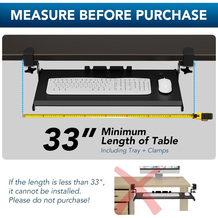 Висувна підставка для клавіатури під стіл з К-кріпленням, великого формату, стійка, ковзна платформа 838 мм x 280 мм, висувна платформа для комп'ютера (Чорний)