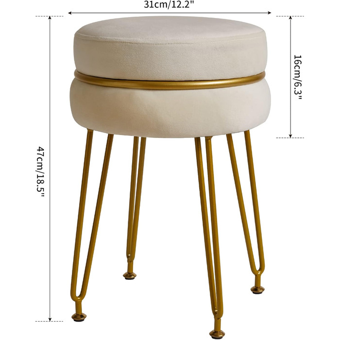 Сучасний оксамитовий пуф з круглим підніжжям IBUYKE, стільчик для макіяжу, пуф з золотими ніжками, декоративний пуф для спальні, вітальні, передпокою, білий L/G-40M з декором кремово-білий