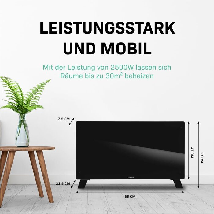 Електричний конвекторний обігрівач VONROC - 2500W, білий/чорний, керування через додаток, для площі до 24м²