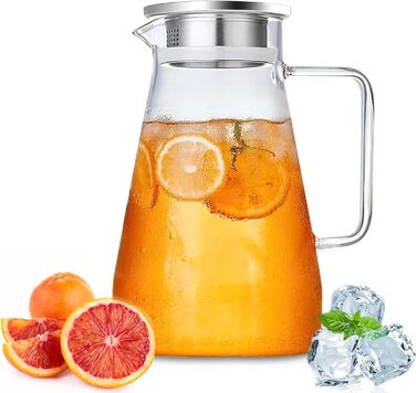 Скляний глечик Nutabevrd 2.3 л з нержавіючою кришкою, фільтром та ручками. Підходить для води, кави, молока, соку, вина та інших напоїв. Легко миється.