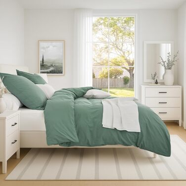 Бетлінова постільна ковдра 200x220 з бавовни, бежевого кольору, супер м'яка, 100% бавовна, попередньо випрана, з льоноподібною текстурою, сертифікат ÖKO-TEX, комплект постільної білизни 200x220 + 2 наволочки 80x80 з блискавкою (200x220 см (3-piece), салатовий колір)