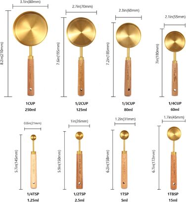 Золотий набір мірних чашок і ложок, дерев'яні ручки, нержавіюча сталь, 8 шт. , для приготування та випічки