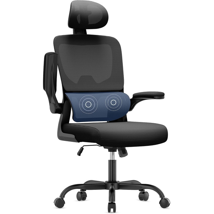 Офісний стіл Naspauluro: ергономічне крісло з регульованою підголівником, підлокітниками та підтримкою попереку. Дихаючий сітчастий чохол для дому та офісу. Чорний колір, з підголівником.