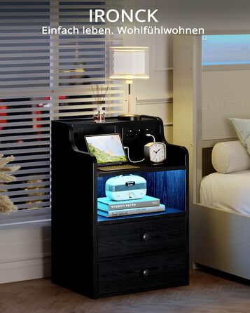 Нічний столик IRONCK з LED-підсвічуванням, розеткою та функцією зарядки, з ящиками, чорний
