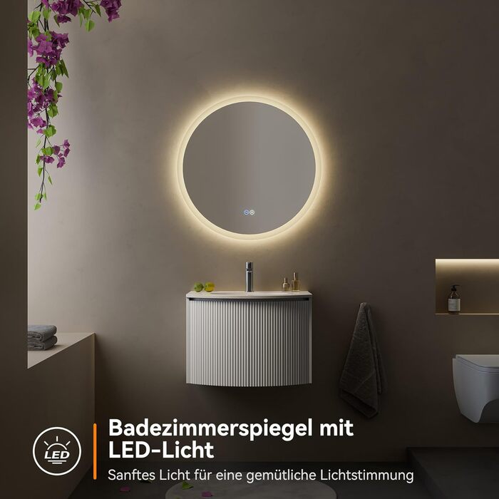 Дзеркало для ванної кімнати HOROW Кругле з підсвіткою 80см LED, регульоване, антизапар, без рами, IP44, 80x80 см