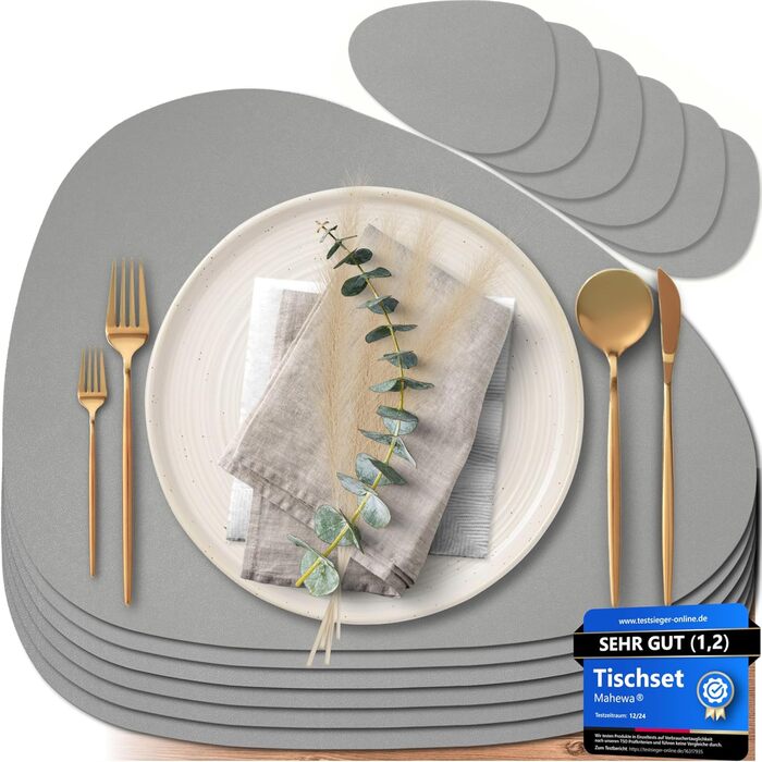 Набір Mahewa® з 6 преміум-підставників для столу з екошкіри - 6 шт. - Миючі та водонепроникні підставки під тарілки в шкіряному стилі (Овальні з тримачем) (Світло-сірий, Овал)