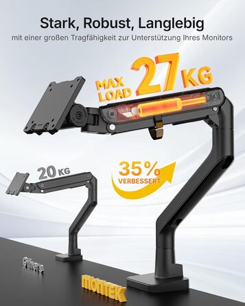 Підставка для монітора monTEK, 17-57 дюймів, газліфт, 27 кг, VESA 75/100 мм, білий/чорний