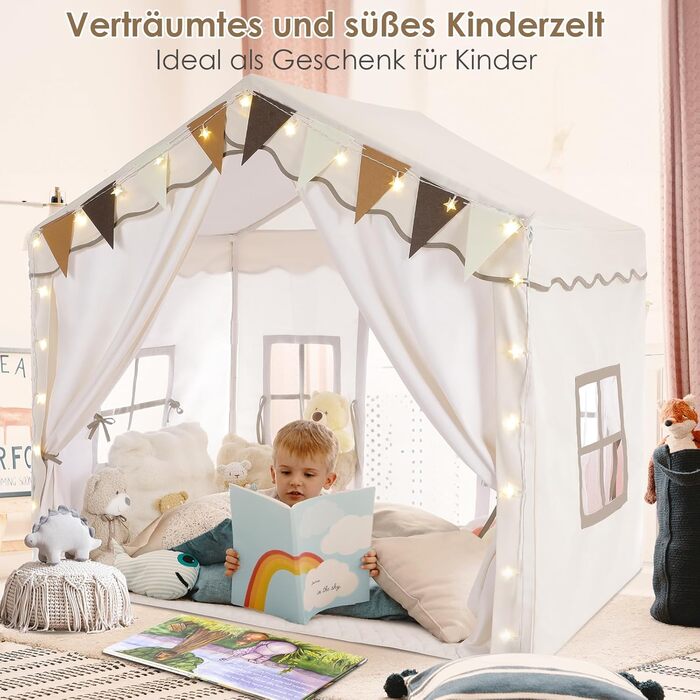 Дитячий намет MAMIZO для гри в приміщенні з килимком, прапорцями та світлом, 136x95x133 см. Ідеальний намет-ігровий будиночок для дітей, підходить для хлопчиків та дівчаток, кремового кольору.