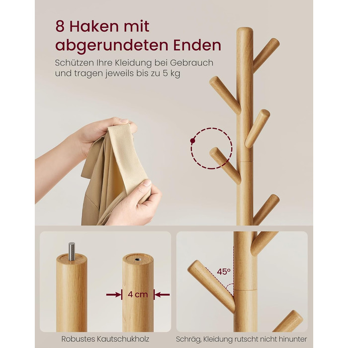 Стійка для одягу VASAGLE, дерев'яна, для вішалок та аксесуарів, 8 гачків, для прихожей, RCR010B01 (натуральний беж)