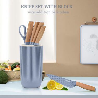 Набір кухонних ножів, 6 предметів, чорний, гострий, з антипригарним покриттям, нержавіюча сталь, з підставкою (блакитна)