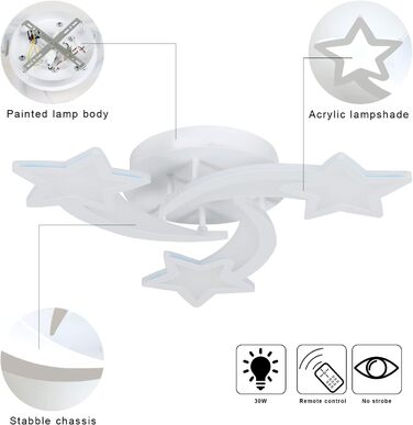 Світлодіодний стельовий світильник з регулюванням яскравості, дизайн 30 Вт Star Design, пульт дистанційного керування, 3000k-6500k, білий, для дітей/спальні