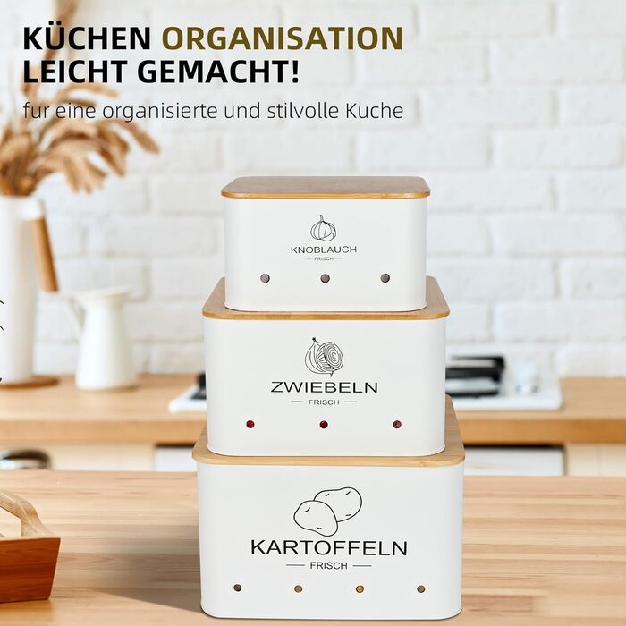 Набір контейнерів для зберігання картоплі, цибулі та часнику - 3 шт. (білий, квадратний)