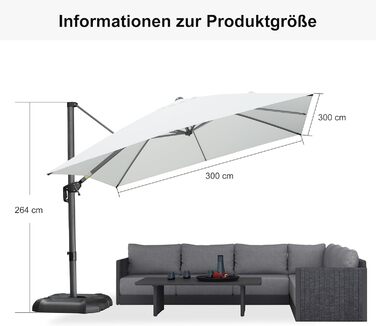 Парасолька від сонця PURPLE LEAF 300x300 см, велика підвісна парасолька-ампел з рукою-курбою, поворотом на 360° та хрест-підставкою для тераси та балкона, біла