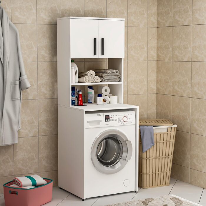 Шафка для пральної машини Homidea MIA - висока шафка для ванної кімнати - навісна шафка для пральної машини та сушарки для кухні та ванної кімнати 182.1 x 65 x 60 см (Антрацит/Дуб) (Білий)