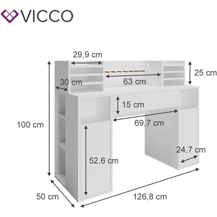 Стіл для рукоділля Vicco - письмовий стіл, білий, 126,8 x 50 см XL з полицями білий 126,8x100x50 см