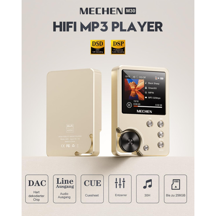 MECHEN M30 Hi-Res MP3-плеєр, HiFi цифровий аудіоплеєр з підтримкою DSD, FLAC, DAC, CUE, без втрати якості, портативний DAP, 64ГБ карта пам’яті, підтримка до 256ГБ