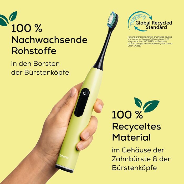 Електрична зубна щітка Beurer SC 30 Schallzahnbürste: 4 режими чищення, 80 000 коливань, таймер, LED-дисплей, 2 насадки, корпус з переробленого пластику (Splashy Lemon)