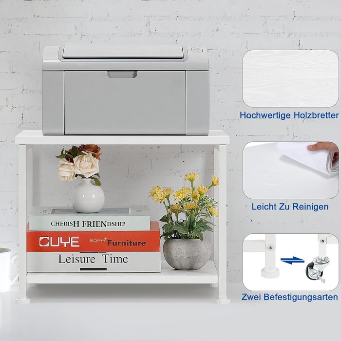 Підставка для принтера Smusei біла, 2-рівнева, з роликами, 42 x 30 x 35 см | Підставка для офісу та дому