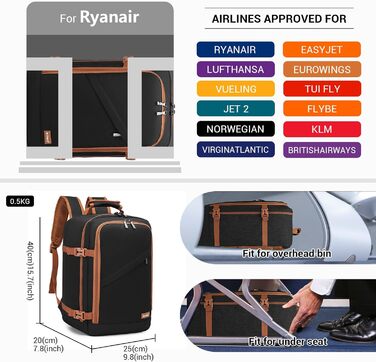 Кабінний рюкзак Kono 40x20x25 см для Ryanair, 20L, мінімалістичний (чорний/коричневий)
