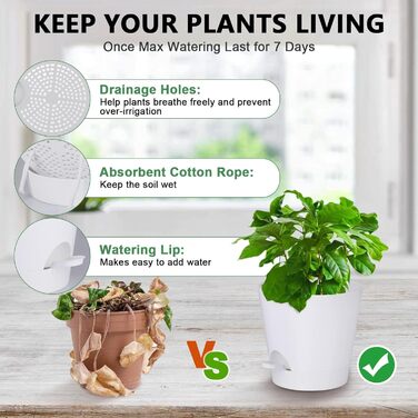 Набір горщиків для квітів 2 шт. 25.4 см та 20.3 см, пластик, з системою поливу, для дому, балкону, саду, сукулентів, кактусів (зелений, білий)