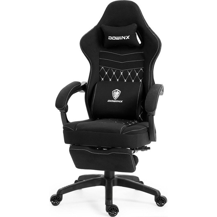 Ігровий крісло Dowinx з тканинною оббивкою, гелевою подушкою та пружинним блоком, ергономічний офісний крісло з підніжкою, масажний ігровий крісло для дорослих (Чорний)