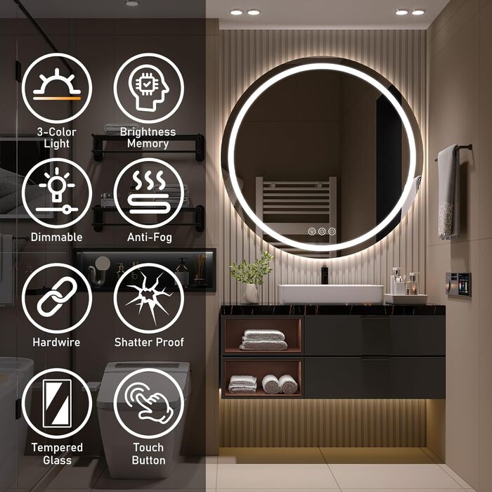 Дзеркало для ванної кімнати з підсвічуванням, 60 см, кругле, з антизапарюванням, регульоване, 3 кольори світла (70x70 см)