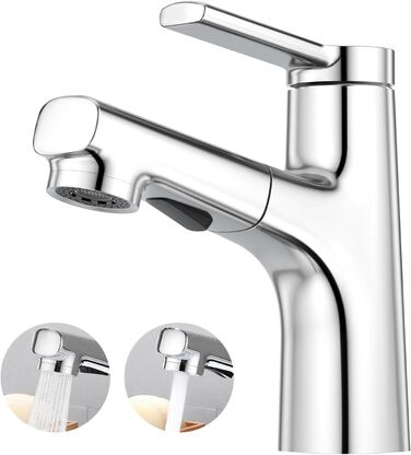 Сучасний змішувач для ванної кімнати CREA з висувною лійкою, 2 режими струменя, з міді, хром, для умивальника